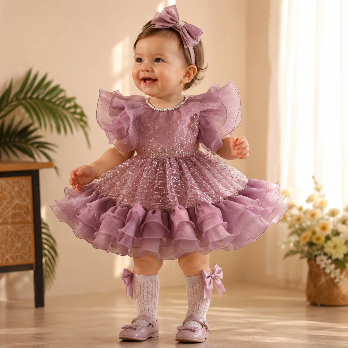 Abito elegante bambina lilla con volant e paillettes