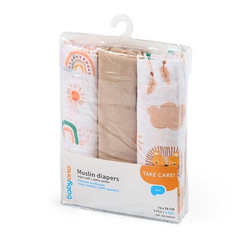 Set 3 Teli in Mussola BabyOno – 100% Cotone, Fantasie Safari e Arcobaleno