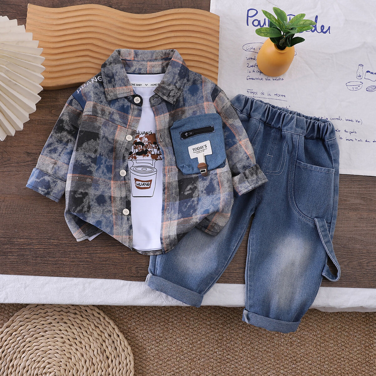 Set 3 pz bimbo, camicia, jeans e maglietta