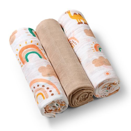 Set 3 Teli in Mussola BabyOno – 100% Cotone, Fantasie Safari e Arcobaleno