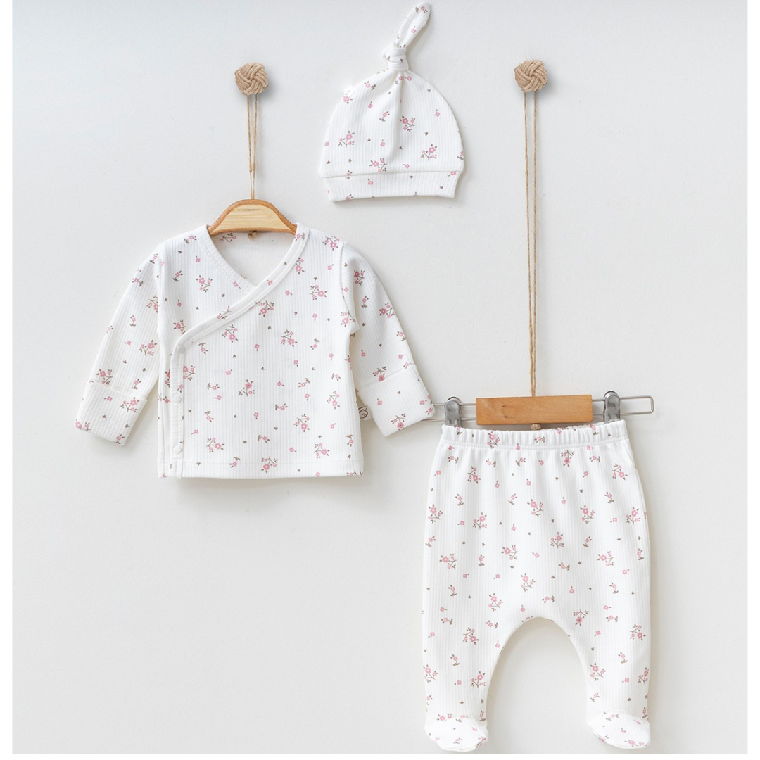 Set 3 pezzi Neonata/ bimba  in Cotone con Fiori bianco
