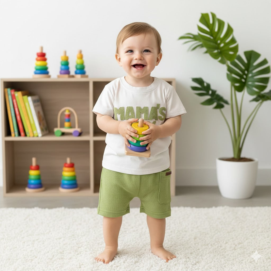 Completo Estivo Bimbo “Mama’s Boy”  T-shirt Ricamata e Shorts Verde