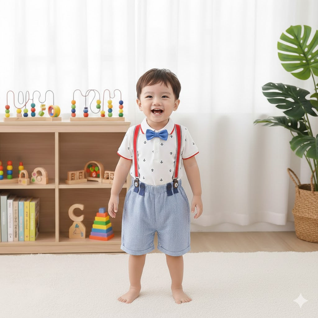 Completo estivo bimbo stile marinaio con body, pantaloncini e bretelle