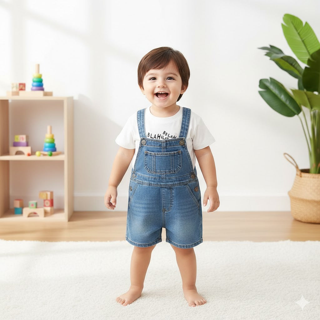 Completo Bimbo Estivo  T-shirt “Blah Blah” e Salopette in Jeans
