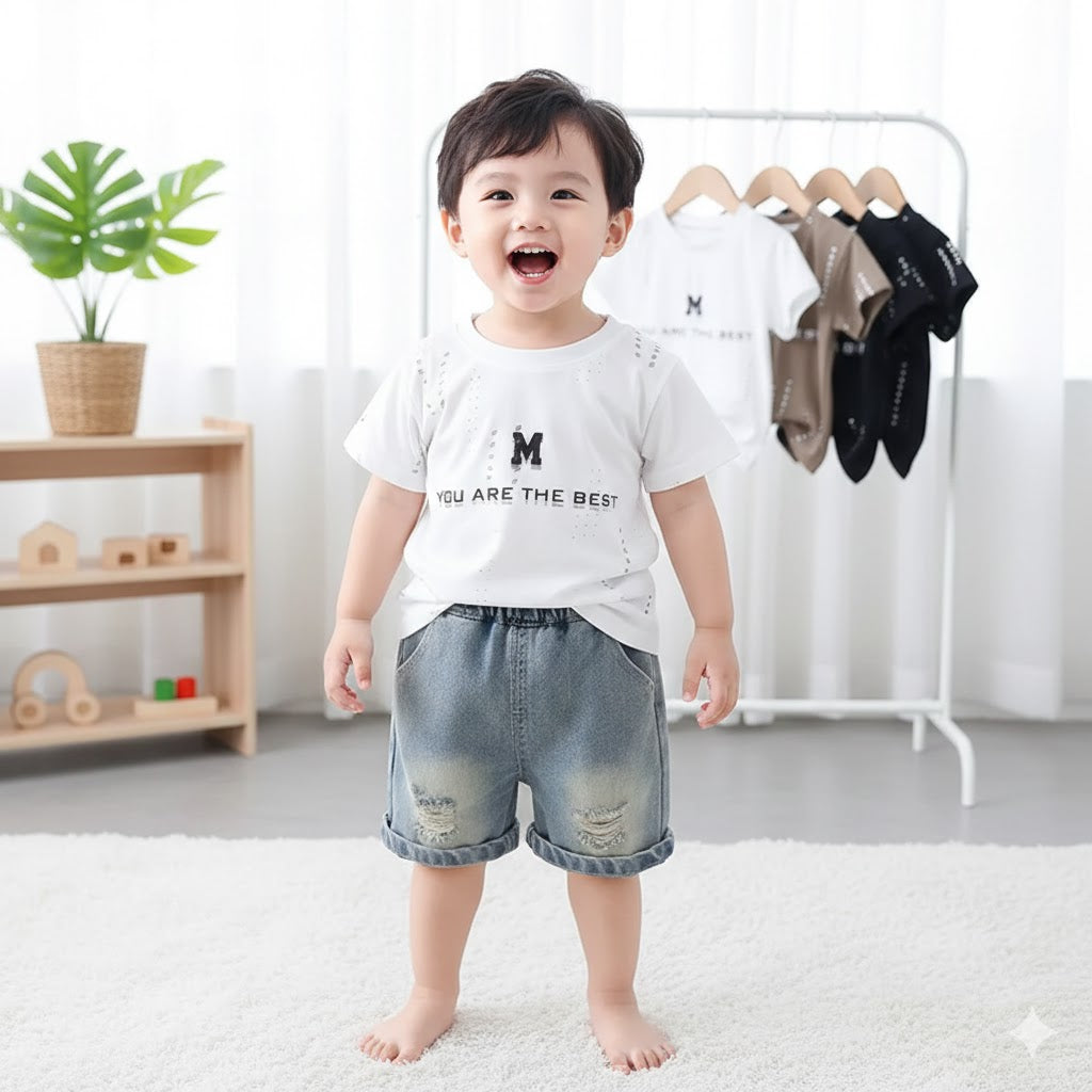 Completo Estivo Bimbo – T-shirt “You Are the Best” e Shorts in Denim