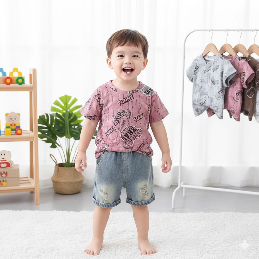 Completo Estivo Bimbo  T-shirt "Funny" con Stampa Cartoon e Shorts in Jeans