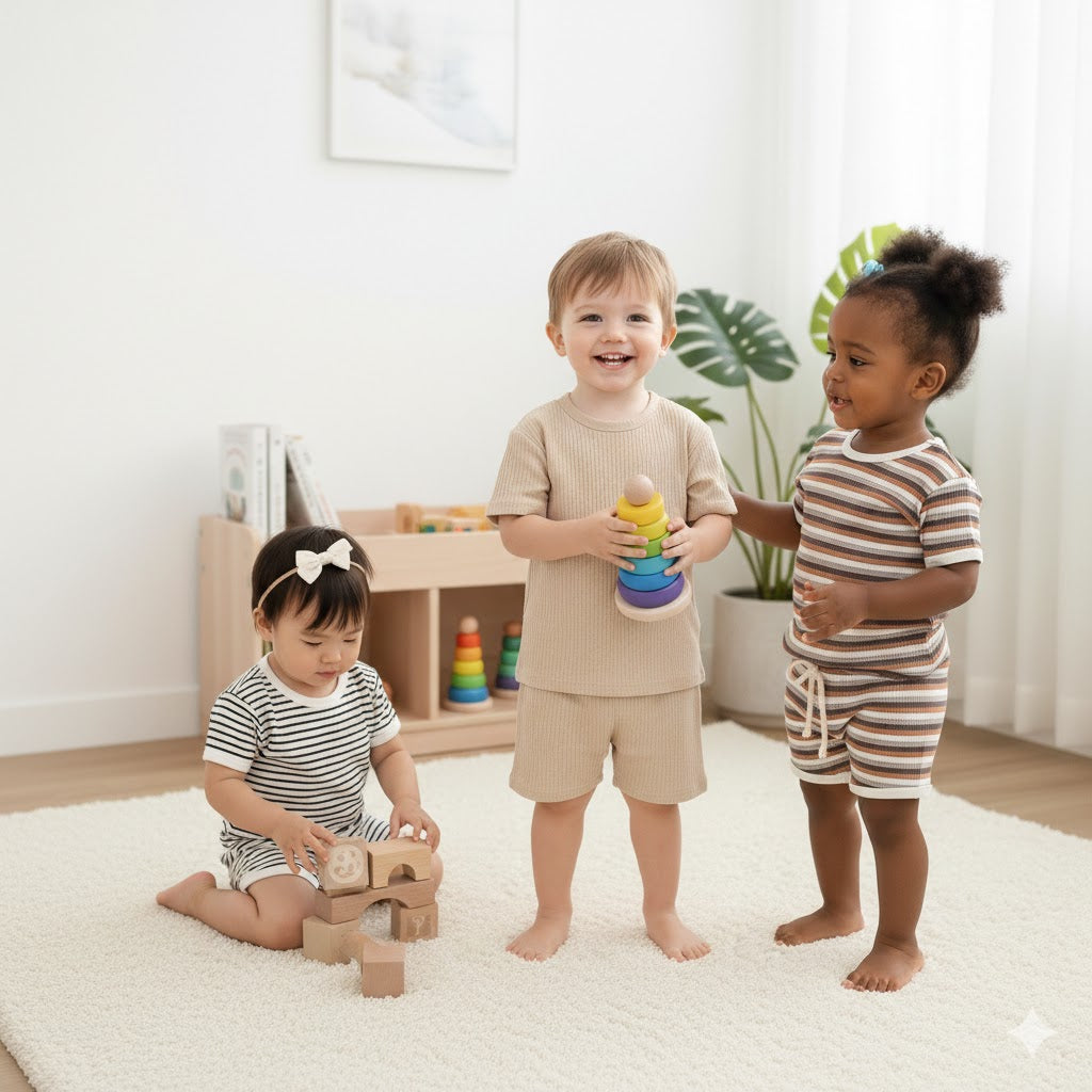 Completo Estivo Bimbo/Bimba  Maglietta e Shorts a Righe Colorate